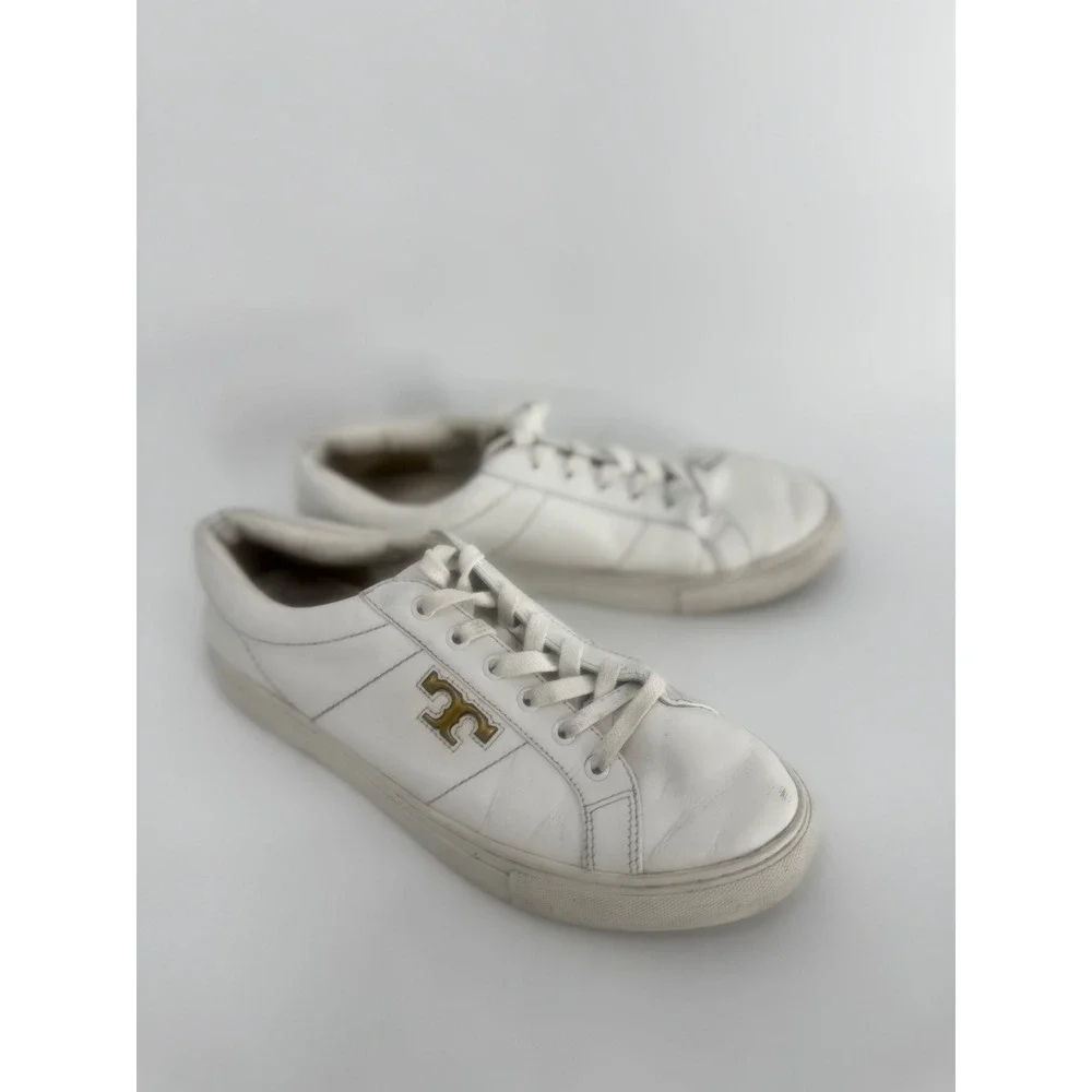 Tory Burch Amalia Sneakers Women 9.5 White Leather Gold Logo Low‎ Top